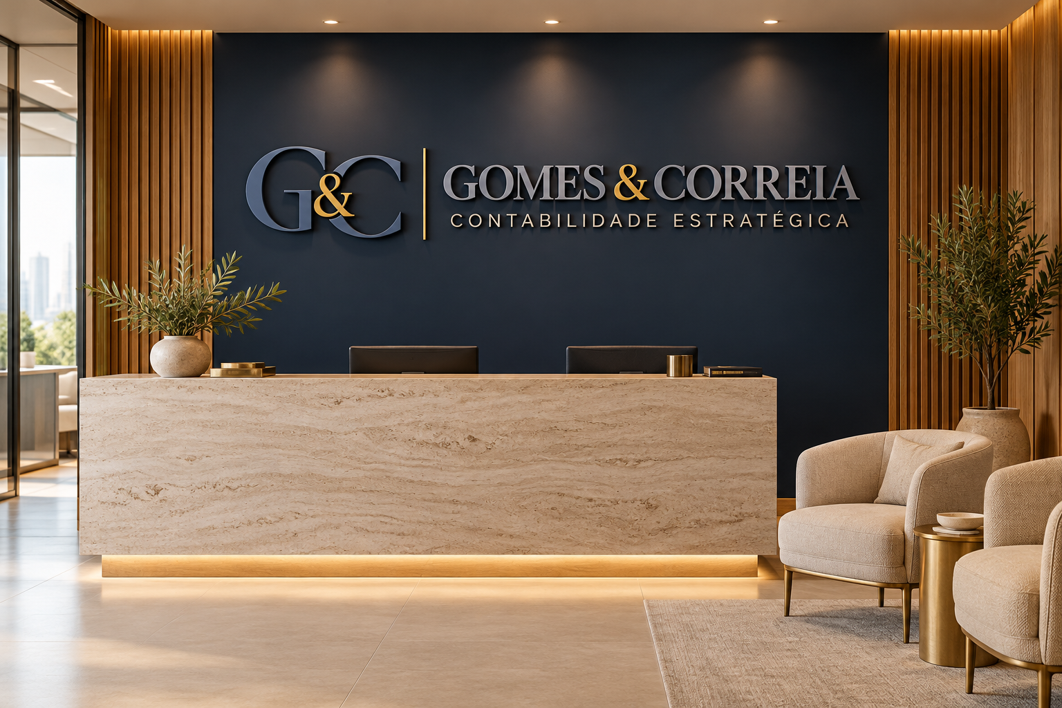 Ilustração conceitual de recepção com a marca Gomes & Correia, madeira e pedra clara